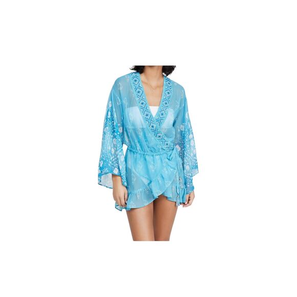 Ramy Brook Women’s Alegra Beaded Long Sleeve Wrap Dress Swimwear Cover Up Turco - Picture 1 of 12